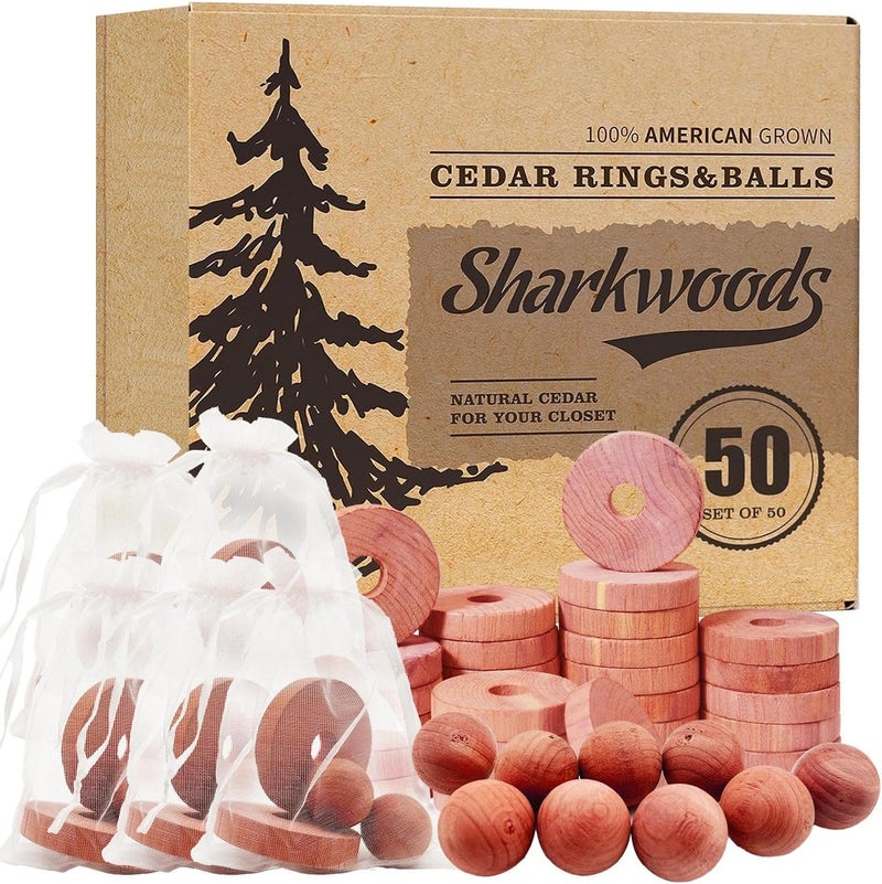 SHARKWOODS Cedar Blocks for Clothes Storage 50 Pack - 100% Natural Aromatic Cedar Rings and Balls for Closets & Drawers Freshener (30 Rings & 20 Balls) - Image 1